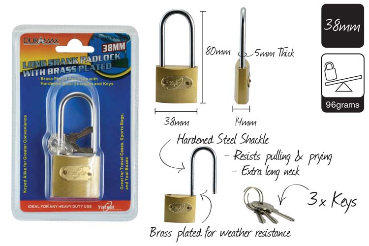 Padlock 38mm Long Shank Brass Plated